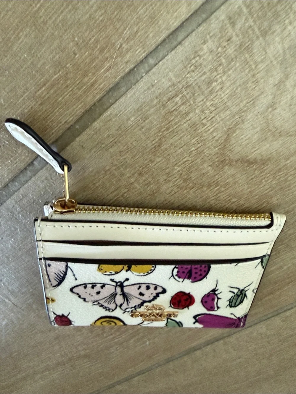 Coach White Leather Butterfly & Bug Print Card Case Keyring CR927